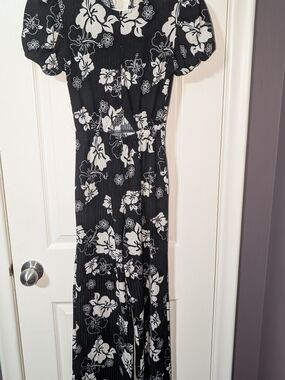 Rebel Sugar Black & White Floral Jumpsuit with Puff Sleeves